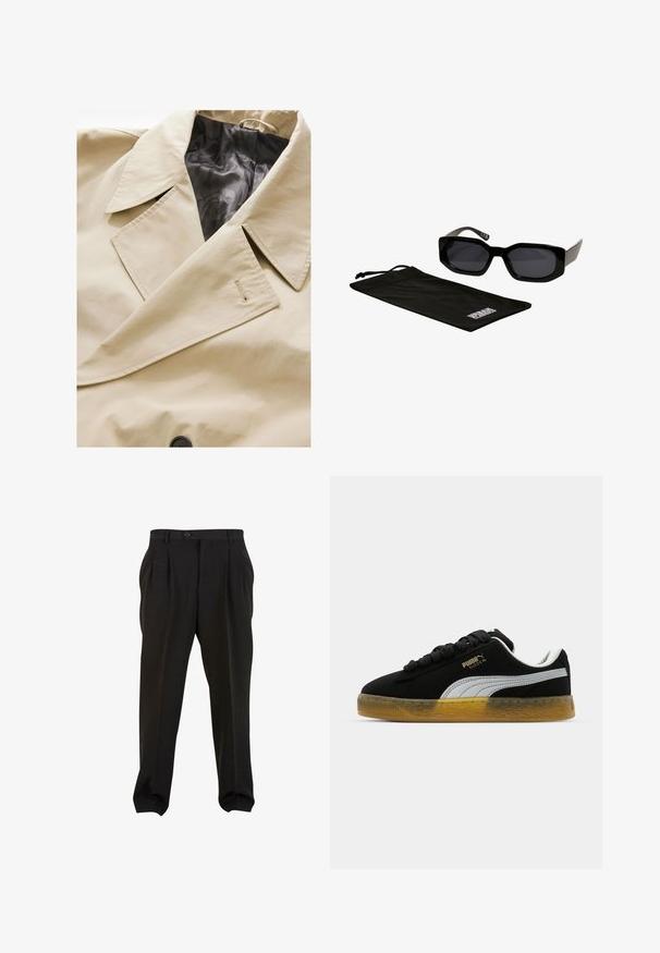 Manteau beige à double boutonnage avec un grand col, doublure en satin noir et une fermeture à boutons marquante. Inclut un détail de texture de tissu subtil.; T-shirt blanc à manches courtes en coton, avec un col rond et une coupe décontractée. Texture lisse, sans motifs ni accents visibles.; Pantalons noirs en tissu lisse, avec des plis à l'avant, une taille à bouton et des poignets fuselés. Silhouette classique élégamment taillée.; Baskets en suède noir avec une bande latérale blanche et un logo doré. Comprend une semelle en caoutchouc couleur caramel avec un motif texturé. Les lacets sont noirs et plats.; Lunettes de soleil noires avec des montures angulaires surdimensionnées et des verres foncés, accompagnées d'une pochette en microfibre noire avec un logo.