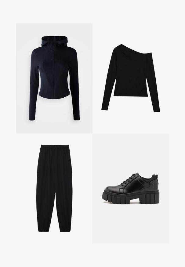 Námořnická modrá mikina na zip s přiléhavým střihem, dlouhými rukávy a vysokým límcem. Hladká, elastická látka s detaily švů.; Černý top s dlouhým rukávem, který má asymetrický výstřih a přiléhavý střih z jemné, hladké látky. Bez viditelných vzorů nebo kovových částí.; Černé, lehké kalhoty s elastickým pasem a nařasenými kotníky. Tkanina je hladká a má uvolněný, zúžený design.; Černé kožené platformové boty s masivním blokovým podpatkem, kulatou špičkou a tradičním šněrováním. Mají hladký povrch a minimální detaily.