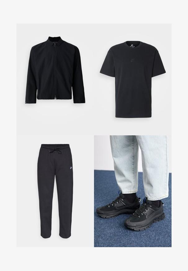 Juoda zip-up striukė su apykakle, ilgomis rankovėmis ir trumpu dizainu. Medžiaga atrodo lygi, be matomų raštų ar akcentų.; Juodas medvilninis Nike marškinėliai su klasikinėmis apykaklėmis, trumpomis rankovėmis ir subtiliu, įspaustu logotipu ant krūtinės. Sklandus tekstūra.; Juodos sportinės kelnės, pagamintos iš minkštos medžiagos, su elastinga juostele, raišteliu ir mažuoju Nike logotipu kairiajame šlaunyje.; Juodi sportiniai bateliai su tekstūruota medžiaga ir guminiais padais, su elastingomis raišteliais ir mėlynu akcentu ant kulno. Dėvimi su šviesiai mėlynomis džinsinėmis kelnėmis.