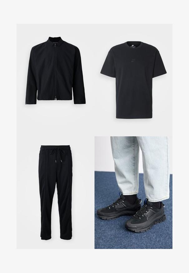 Casaco preto com fecho zip, colarinho, mangas longas e design cropped. O material parece liso, sem padrões ou acentos visíveis.; T-shirt de algodão preto da Nike com um clássico decote redondo, mangas curtas e um logótipo em relevo discreto no peito. Textura suave.; Calças casuais pretas com cordão na cintura, com bolsos laterais e corte reto, sobre um fundo simples.; Sapatilhas desportivas pretas com tecido texturizado e solas em borracha, apresentando atacadores elásticos e um detalhe azul no calcanhar. Usadas com calças de ganga claras.