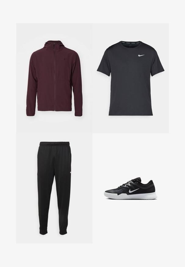 Nike Performance UNLIMITED - Sportinė striukė - burgundy crush/black; Juodas Nike bėgimo marškinėlis, pagamintas iš lengvos, kvėpuojančios medžiagos, turintis trumpas rankoves ir mažą baltą logotipą ant krūtinės.; Juodi sportiniai kelnės, pagamintos iš lygaus audinio, turinčios elastinę juosmenį, siaurėjantys sijonai ir mažas baltas logotipas kairėje pusėje.; Juodos sportinės bateliai su tekstūruota viršutine dalimi, balta Nike swoosh ir balta gumine išorine dalimi. Yra su raištelių užsegimo dizainu ir dinamine forma.