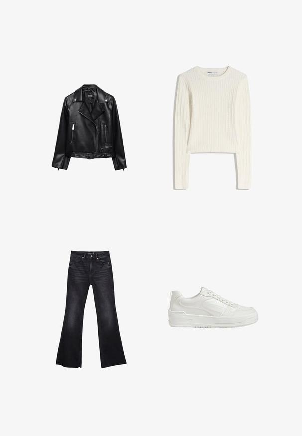 Veste de moto en cuir noir avec une taille ceinturée, des accessoires en argent, des poches zippées et un col cranté. Texture lisse et design ajusté.; Pull en maille torsadée blanc avec manches longues, encolure ronde et texture côtelée. Le design court apporte une touche moderne.; Jean noir évasé en denim avec une texture légèrement délavée. Comprend des poches avant, une fermeture éclair et des accents de couture visibles.; Baskets blanches en cuir avec une texture lisse, cheville rembourrée et bout perforé. Présente une semelle en caoutchouc légèrement surélevée et un design à lacets.
