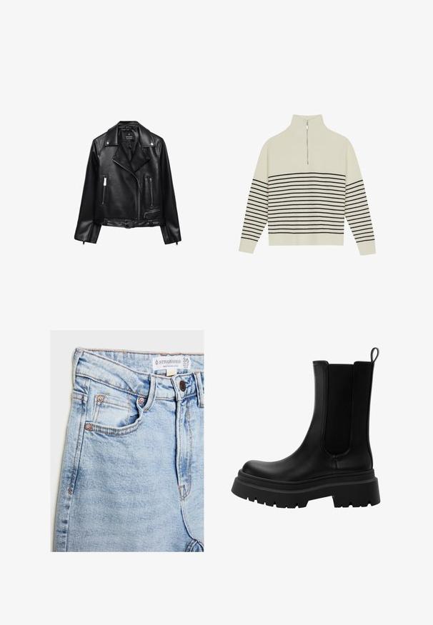 Crna kožna motociklistička jakna s pojasom, srebrnim detaljima, zatvorenim džepovima i jakim ovratnikom. Glatka tekstura i prilagođen dizajn.; Pulover boje kreme s visokim ovratnikom, okomitim rebrastim teksturom i horizontalnim crnim prugama preko tijela i rukava. Detalj sa srebrnim patentnim zatvaračem.; Svijetloplave traperice s visokim strukom, pet džepova, hardverom u nijansi bakra i suptilnim izbljeđivanjem, s etiketom na pojasu.; Crne kožne Chelsea čizme s elastičnim bočnim panelima, debelim gumenim potplatom i zaobljenim vrhom. Teksturalna i glatka površina.