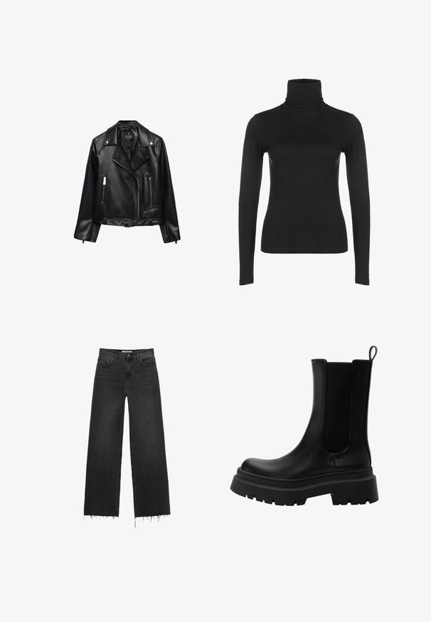 Sort lædermotorcykeljakke med bæltestrop i taljen, sølvhardware, lynlåslommer og klapkrave. Glat tekstur og tætsiddende design.; Sort langærmet turtleneck top i glat, strækbart stof. Har en høj krave og tætsiddende silhuet, uden synlige mønstre eller detaljer.; Højtaljede vide ben sorte denim jeans med frynset kant, fem lommers design og knaplukning. Glat tekstur med en slidt finish.; Sorte læder Chelsea støvler med elastiske sidepaneler, kraftig gummisål og rund tå. Struktureret og glat finish.