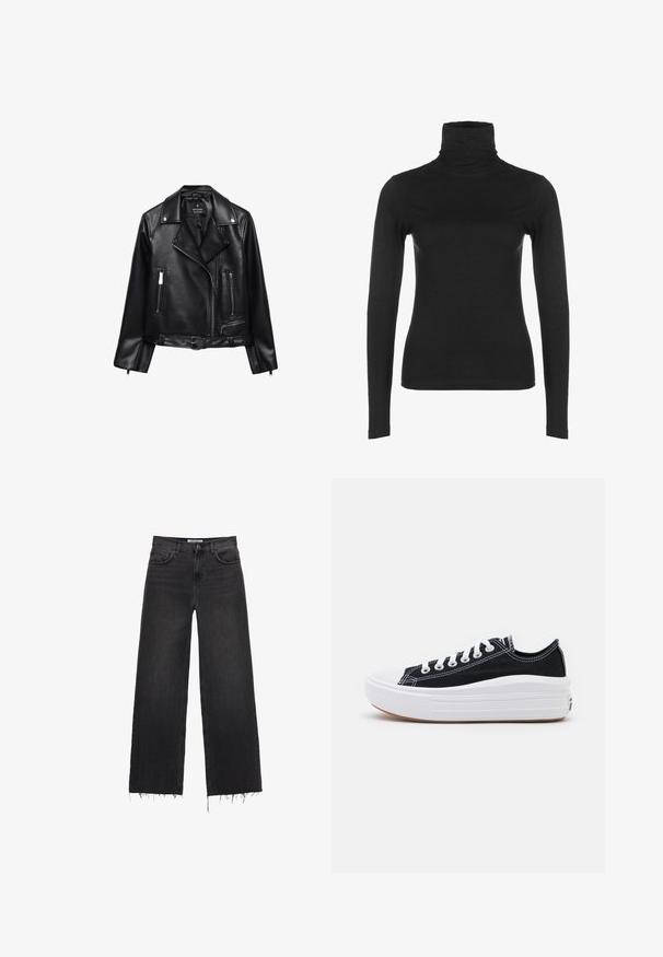 Musta nahkainen moottoripyörätakki, jossa on vyöllinen vyötärö, hopeiset yksityiskohdat, vetoketjulliset taskut ja muotoiltu kaulus. Luja pinta ja istuva malli.; Musta pitkähihainen poolopaita, joka on valmistettu sileästä, joustavasta kankaasta. Siinä on korkea kaulus ja pukeutuva siluetti, ilman näkyviä kuvioita tai koristeita.; Korkeavyötäröiset leveät mustat farkut, joissa on repaleinen helma, viisi taskua ja nappikiinnitys. Pehmeä pinta ja haalistunut viimeistely.; Mustat kangaskengät valkoisilla nauhoilla, valkoisella kumitupsulla ja paksulla valkoisella välipohjalla. Ominaisuuksiin kuuluu hienovarainen valkoinen ommel ja kumipohja.