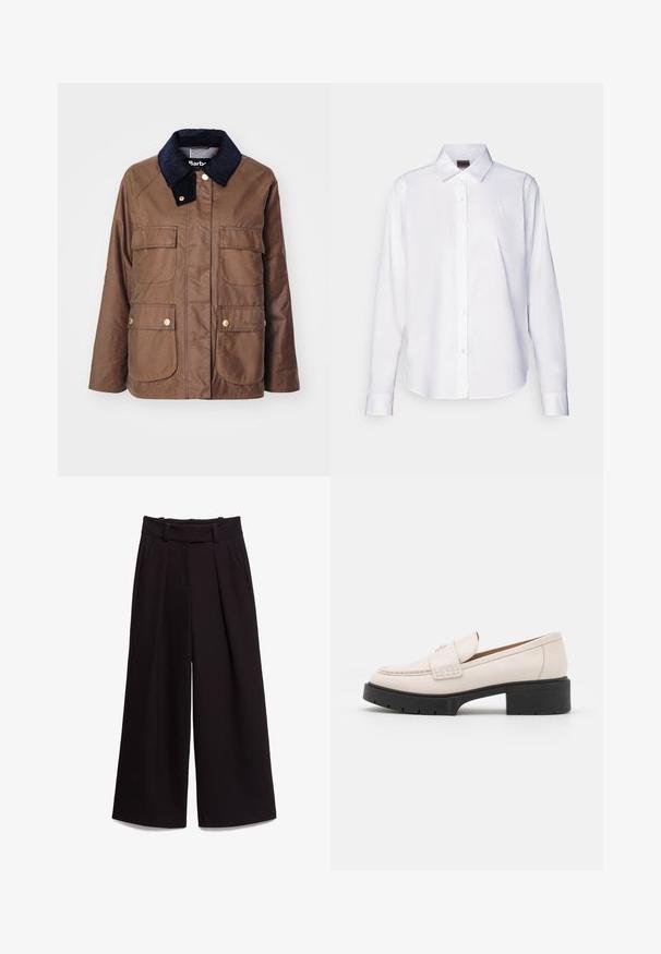Casaco de algodão castanho com um colarinho de veludo cotelê azul-marinho, quatro bolsos frontais, acessórios em dourado e uma marcação subtil no bolso inferior.; Camisa branca de mangas longas com botões, feita de algodão. Apresenta um colarinho clássico e um discreto bordado da marca no peito. Textura suave.; Calças largas pretas feitas de um tecido suave, com uma cintura alta, passantes para cinto e dois bolsos frontais. O design plissado acrescenta textura.; Mocassins em couro bege claro com frente costurada e um salto plataforma preto texturizado. Apresenta um design curvado e uma ligeira elevação.