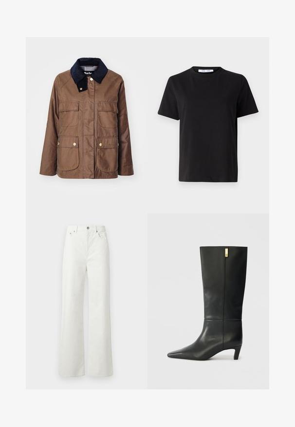 Brown cotton jacket with a navy corduroy collar, four front pockets, gold hardware, and subtle branding on the lower pocket.; Black short-sleeve t-shirt made of soft cotton, featuring a round neckline, relaxed fit, and a smooth texture. No visible patterns or graphics.; Samsøe Samsøe SHELLY - Relaxed fit jeans - clear cream; Black leather knee-high boot with a pointed toe and a small heel. Features a sleek design with a gold accent detail. Smooth texture.