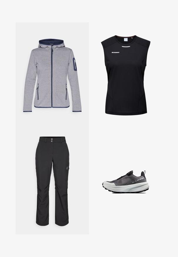 Giacca in pile grigia con cappuccio, accenti blu navy, zip a lunghezza intera, due tasche frontali e una tasca con zip sulla manica. Tessuto testurizzato.; Mammut AENERGY FL - Top - black; Pantaloni outdoor neri con taglio dritto, dotati di chiusura con bottone, tasche laterali con zip e una patch con logo sulla coscia sinistra.; Scarpa sportiva nera con tomaia in rete, suola bianca imbottita e suola nera robusta. Dotata di un laccio e di un sistema di allacciatura minimalista.