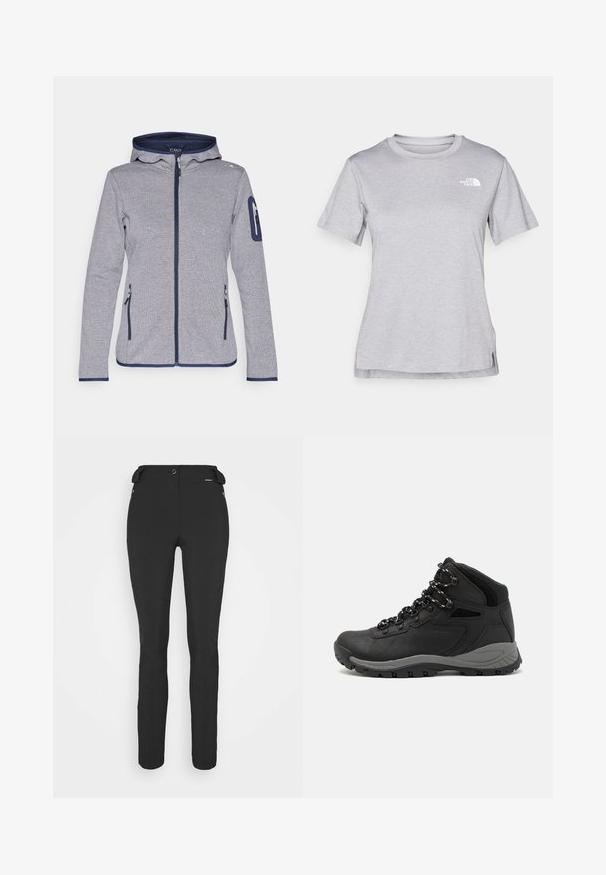 Graue Fleecejacke mit Kapuze, marineblauen Akzenten, Reißverschluss über die gesamte Länge, zwei Fronttaschen und einer Reißverschlusstasche am Ärmel. Strukturierten Stoff.; Graues T-Shirt mit kurzen Ärmeln aus weichem, feuchtigkeitsableitendem Stoff. Hat einen Rundhalsausschnitt und ein kleines weißes Logo auf der oberen linken Seite.; Schwarze, enganliegende Hosen aus einem flexiblen Material. Zu den Merkmalen gehören eine seitliche Reißverschlusstasche, vorgeformte Knie und eine glatte Textur.; Schwarzer Wanderstiefel mit einem mittelhohen Design, ausgestattet mit einer strukturierten Oberfläche, grauen Akzenten und einer robusten Gummisohle mit Profilstollen.