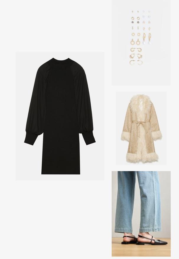 Beige takki, jossa on pörröinen valkoinen tekoturkiskranssi ja hihansuut. Varustettu vyötäröhihnalla ja teksturoidulla kankaalla, jossa on hienovarainen kuvio.; Musta mekko, jossa on ribbikangasta, puffihihoja ja korkea pääntie. Siluetti on suora ja ulottuu polveen.; Mustat nahkaiset slingback-kengät, joissa on terävä kärki, litteä korko ja nilkkahihna; yhdistetty vaaleansinisiin leveälahkeisiin farkkuihin.; Anna Field Olkalaukku - bordeaux; Kultasetti kultaisenvärisiä korvakoruja, jotka sisältävät erilaisia muotoiluita, kuten nappikorviksia, rengaskorviksia ja roikkuvia korviksia, joissa on helmiä ja strasseja.