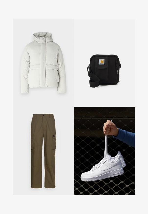 Šviesiai pilkas paminkštintas švarkas su kapišonu, turintis aukštą apykaklę, priekinį užtrauktuką ir horizontalias siūles krūtinės ir apatinėje dalyje.; Baltas trumpas rankovėmis marškinėliai, pagaminti iš medvilnės, su apvaliu iškirpimu ir lygiu paviršiumi, tiesaus kirpimo ir be raštų.; Olive žalios spalvos kelnių kelnaitės, pagamintos iš patvarios medžiagos. Yra dvi šoninės kišenės, standartinė liemens linija ir tiesios kojų dizainas.; Balti odiniai sportiniai bateliai su perforacijomis, apvalia nosimi, plokščiu padu ir storomis raištelėmis, su matomu swoosh logotipu ir "AIR" ant kulno.; Juoda petnešų rankinė su užtrauktuku pagrindiniame skyriuje, priekinė kišenė, reguliuojama juostele ir matoma logotipo etikete ant uždaromo dangtelio.