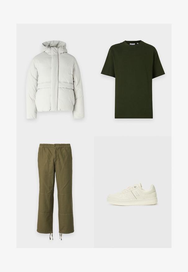 Gai pelēks mīkstais mētelis ar kapuci, ar augstu apkakli, priekšējo rāvējslēdzēju un horizontālas vīles detaļu krūtīs un apakšmalā.; Tumši zaļš, īsām piedurknēm T-krekls, izgatavots no kokvilnas. Apaļš kakls, brīvs piegriezums un gluda tekstūra bez redzamām rakstām un akcentiem.; Olive zaļā krāsā, platu kāju bikses no kokvilnas ar elastīgu jostasvīru, pogu aizdari un kontrastējošām plākšņu detaļām uz ceļgaliem.; Krēmbaltie sporta apavi ar perforētu detaļām, auklām un logotipu sānos, attēloti uz vienkārša baltā fona.