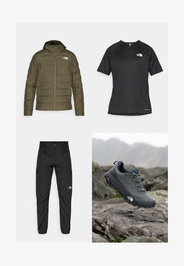 Olive green insulated jacket with a hood, quilted design, front zipper, and white logo on the left chest. Smooth texture.; Black short-sleeve athletic shirt with a textured fabric, featuring a white logo on the left chest and a straight hem.; The North Face HORIZON PANT - Outdoor trousers - black; Grey trail running shoe with a textured upper, durable rubber sole, and reinforced toe cap. Features laces and brand logo on the side.