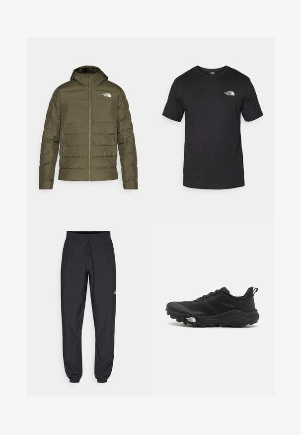 Tamsiai žalia izoliuota striukė su kapišonu, siūtu dizainu, priekinė užtrauktukų kišenė ir balta logotipas kairiajame krūtinės šone. Lygus paviršius.; Juodas trumpas rankovės marškinėliai, pagaminti iš medvilnės, su apvaliu kaklu ir mažu baltu logotipu viršutiniame kairiajame krūtinės kampe.; Juodos sportinės kelnės, pagamintos iš lengvos medžiagos, su raišteliu liemens srityje, šoniniais kišenėmis ir siaurėjantys apykaklės prie kulkšnies.; Juoda bėgimo batai su tekstūruotu paviršiumi, guma padais ir sustiprinta pirštų dalimi. Yra paminkštinta apykaklė ir kilpos, leidžiančios lengvai užsidėti.