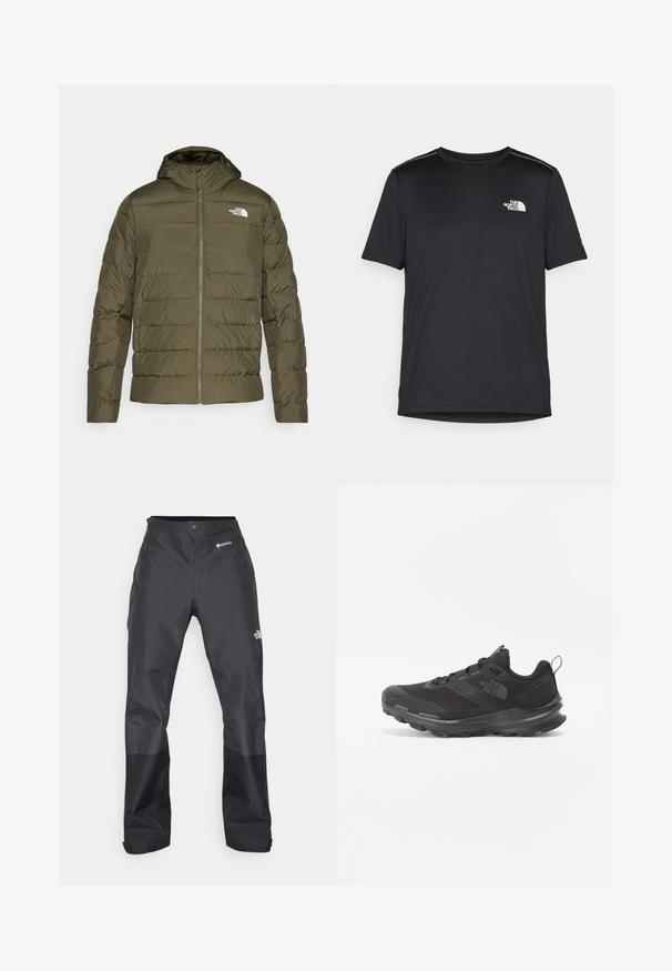 Ελαιόχρωμο μπουφάν με επένδυση και κουκούλα, σε κουμπωτή σχεδίαση, μπροστινό φερμουάρ και λευκό λογότυπο στο αριστερό στήθος. Απαλή υφή.; Μαύρο κοντομάνικο T-shirt φτιαγμένο από ελαφρύ ύφασμα. Έχει ένα μικρό λευκό λογότυπο στο αριστερό στήθος και διακριτικές λεπτομέρειες στους ώμους.; Μαύρα αδιάβροχα παντελόνια με απλή υφή, που διαθέτουν λογότυπο GORE-TEX στο μπροστινό μέρος και ενισχυμένα κάτω μέρη για αυξημένη αντοχή.; Μαύρο αθλητικό παπούτσι με διαπνέον επάνω μέρος από πλέγμα, ελαστική σόλα και μαλακή επένδυση στον αστράγαλο. Διαθέτει κορδόνια, λογότυπο στο πλάι και υφή στο σχέδιο.