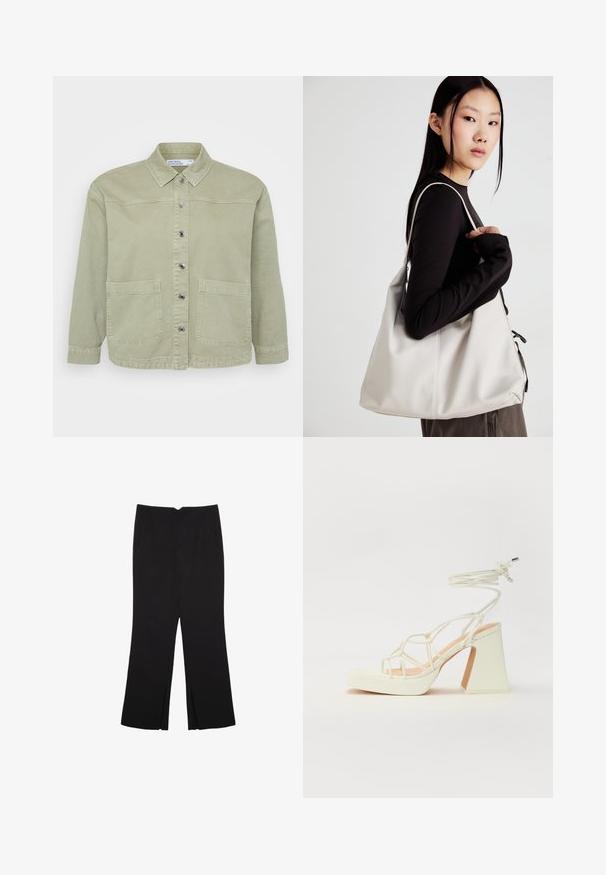Vihreä farkkutakki, jossa on terävä kaulus, hopeiset napit, kaksi etutaskua ja rento malli. Rakenteellinen, rento muotoilu.; Valkoinen pitkähihais t-paita ribbikankaasta, jossa on pyöreä kaula-aukko ja suora helma. Yksinkertainen, yhtenäinen muotoilu.; Mustat housut suoralinjaisella leikkauksella, joissa on etutaskut ja sivurei'ät helman alla. Valmistettu pehmeästä ja sileästä kankaasta. Sopii eri tilaisuuksiin.; Valkoinen korkokenkä, jossa on paksu korko, ja joka sisältää nauhakiinnityksen ja nilkkaketjun. Sujuva pinta, jossa on platform-etupohja lisäkorkeutta varten.; Beige laukku, joka on valmistettu pehmeästä materiaalista, ja siinä on rento muotoilu, ommeltu yksityiskohtia ja kaksi olkahihnaa. Sopii päivittäiseen käyttöön.