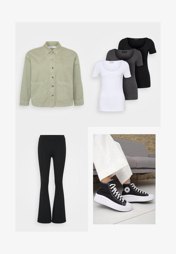 Zielona dżinsowa kurtka z igłowym kołnierzem, zapinana na srebrne guziki, z dwoma przednimi kieszeniami i luźnym fasonem. Teksturowany, casualowy design.; Trzy dopasowane koszulki w kolorze białym, szarym i czarnym. Każda z nich ma szeroki dekolt w serek i krótkie rękawy. Wykonana z gładkiego, elastycznego materiału.; Czarne spódnice dzwonowe wykonane z elastycznego materiału, z wysokim stanem i gładką fakturą. Spodnie rozszerzają się od kolana.; Czarne trampki typu high-top z białą gumową podeszwą i sznurowadłami. Posiadają okrągłe logo z boku oraz kontrastujące białe szwy.