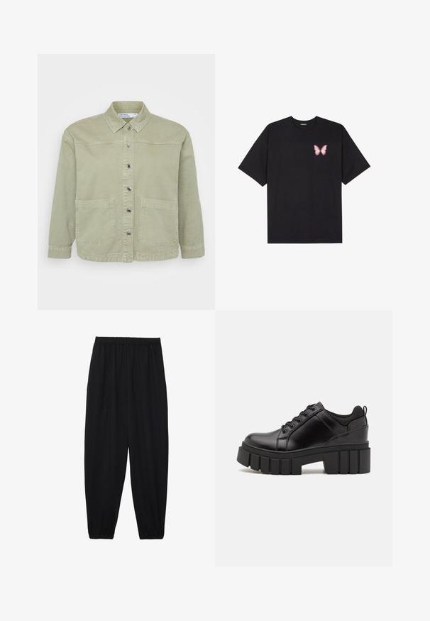 Green denim jacket with a pointed collar, silver button closure, two front pockets, and a relaxed fit. Textured, casual design.; Black cotton t-shirt with short sleeves, featuring a small pink butterfly graphic on the left chest. Crew neck design with a relaxed fit.; Black, lightweight pants with an elastic waistband and gathered ankles. The fabric is smooth and features a relaxed, tapered design.; Black leather platform shoes with a chunky block heel, round toe, and traditional lace-up design. Features smooth texture and minimal detailing.