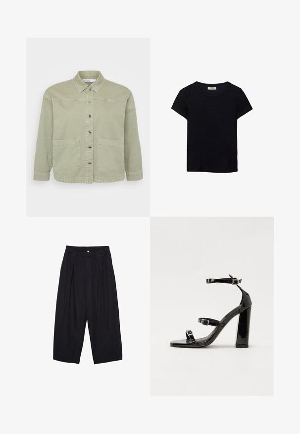 Zelena denim jakna s usnjem ovratnikom, srebrnim gumbom za zapiranje, dvema sprednjima žepoma in sproščenim krojem. Teksturni, sproščeni dizajn.; Črna kratkotrajna majica s kratkimi rokavi, narejena iz mehkega materiala. Ima klasičen krožni izrez in sproščen kroj. Ni vidnih vzorcev ali dodatkov.; Črne poliesterske culotte hlače z elastičnim pasom, dvema sprednjima nabiranjema in ohlapnim krojem. Brez vidnih vzorcev ali kovinskih detajlov.; Črne lakirane sandale s peto, kvadratnim prstom, trakovi okrog gležnja in srebrnimi zaponkami. Opremljene so s stabilno Debelo peto.