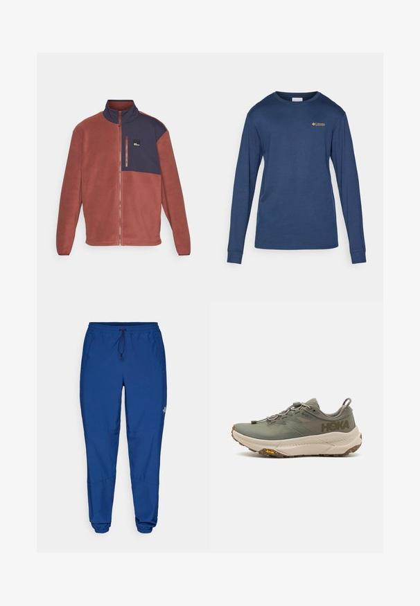 Fleecejakke i rust- og marineblå fargeblokkdesign med høy krage, glidelås i front og liten logo på brystet. Myk tekstur, avslappet passform.; Marineblå langermet skjorte laget av en bomullsblanding. Har en rund hals og en liten brodert logo på brystet. Glatt tekstur.; Blå lette joggebukser med elastisk midje, snor og elastiske mansjetter. Har sidelommer og en logo nær nederste del av benet.; Grønn Hoka løpesko med Gore-Tex overdeler, teksturerte detaljer, elastiske lisser, og tykk beige såle med Vibram-logo.