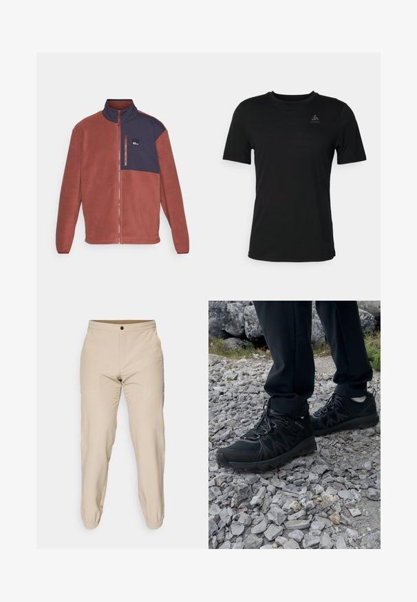 Fleecejacke im rost- und navyfarbigen Color-Block-Design mit hohem Kragen, Reißverschluss und kleinem Logo auf der Brust. Weicher Stoff, lässige Passform.; Schwarzes T-Shirt aus leichtem Material, mit rundem Halsausschnitt, kurzen Ärmeln und einem kleinen Markenlogo auf der oberen linken Seite.; Beige Hosen aus glattem Stoff, mit elastischem Bund, zwei Seitentaschen und elastischen Bündchen an den Knöcheln.; Schwarze Outdoor-Schuhe aus Mesh und synthetischem Material, mit einer strukturierten Oberseite, gesichertem Schnürsystem und griffiger Laufsohle, auf felsigem Gelände.
