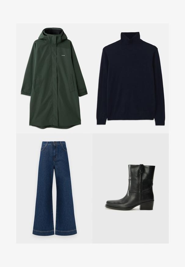 Dark green waterproof coat with a hood, featuring a front zipper, side pockets, and a relaxed fit. Smooth texture, minimal branding.; Navy turtleneck sweater with long sleeves, made from soft knit fabric. Features ribbed collar and cuffs, with a simple design and no patterns.; Wide-leg blue denim jeans with a high waist, featuring a button closure, belt loops, and subtle stitching details along the pockets and hems.; Black leather ankle boot with a rounded toe, block heel, side zipper, and stitching accents on the vamp. Smooth texture, classic design.