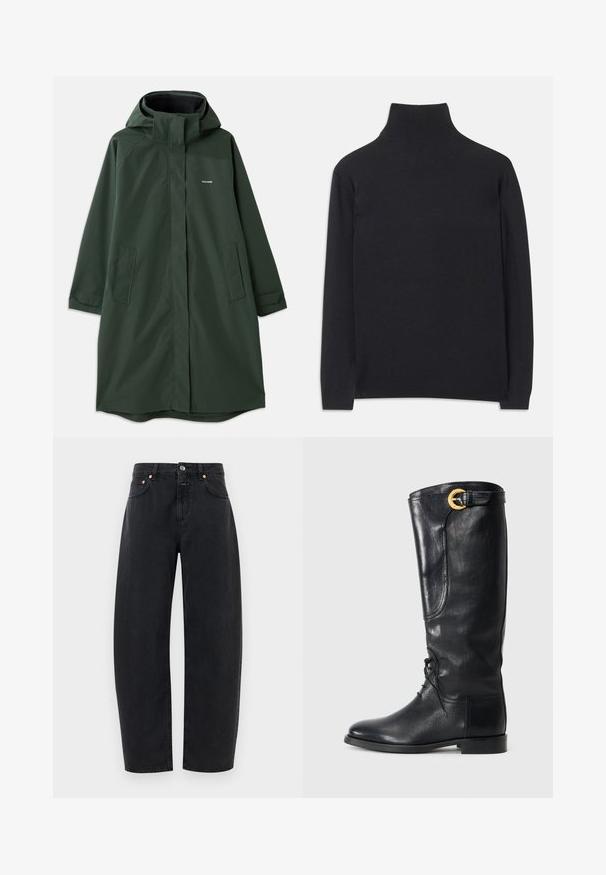Cămașă impermeabilă de culoare verde închis, cu glugă, dotată cu fermoar frontal, buzunare laterale și croială lejeră. Textură netedă, branding minimal.; Pulover negru cu guler înalt, fabricat dintr-un material moale. Are mâneci lungi, un guler înalt și manșete și tiv cu dantelă pentru un aspect ajustat.; Jeansi negri din denim cu un design drept, cinci buzunare și accente din cupru. Țesătura are o textură netedă și o cusătură clasică.; Cizme negre din piele, până la genunchi, cu vârful rotund, șireturi în față, detalii laterale și o cataramă aurie în partea de sus. Textură netedă.