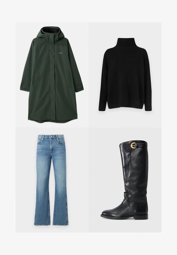 Cappotto impermeabile verde scuro con cappuccio, dotato di zip frontale, tasche laterali e vestibilità comoda. Tessuto morbido, branding minimal.; Maglione nero lavorato a maglia con collo alto a coste, spalle scese e vestibilità morbida. Presenta polsini e orlo a coste per una texture particolare.; Jeans a zampa d'elefante di colore azzurro chiaro in denim, con vita alta, tasche anteriori e un bottone di rame in vita.; Stivale nero in pelle alta fino al ginocchio con punta tonda, chiusura stringata sul davanti, dettaglio laterale e una fibbia dorata accentata nella parte superiore. Texture liscia.