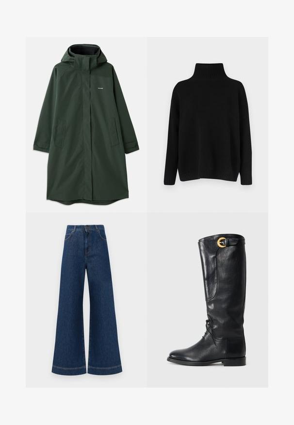 Tume roheline veekindel jope kapuutsiga, millel on ees lukuga sulgus, küljetaskud ja mugav lõige. Sile tekstuur, minimaalne brändimine.; Mustast riidest kudumiga kampsun, millel on kõrge soonikuga krae, allapoole langetatud õlad ja lõdvestunud lõige. Omadusena soonikuga mansetid ja alumine ääreosa, mis lisavad tekstuuri.; Laia siniste denim pükste suur jalg, kõrge vöökoht, nupuga kinnitamine, vöökohad ja peened õmblusdetailid taskute ja äärte ääres.; Mustast nahast põlvekõrgune saabas, millel on ümar varvas, nööbitav esikülg, külgedel detailid ja kuldne aksessuaar lõpus. Sujuv tekstuur.