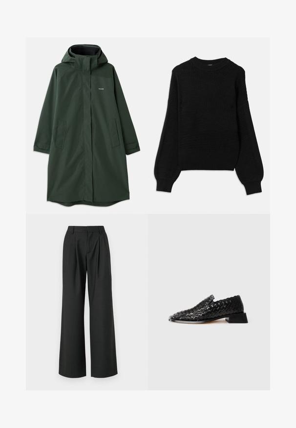 Abrigo impermeable verde oscuro con capucha, que cuenta con un cierre delantero, bolsillos laterales y un corte relajado. Textura suave, con un branding mínimo.; Suéter negro con un diseño de punto texturizado, cuello redondo acanalado y mangas globo oversized con un acabado suave.; Won Hundred CAMILLE TROUSERS - Pantalones - licorice; Zapato slip-on de cuero negro trenzado con tacón bajo y detalle de borde ondulado, presentado sobre un fondo blanco.