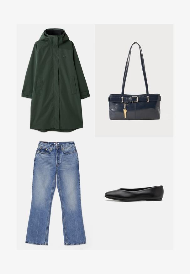 Cappotto impermeabile verde scuro con cappuccio, dotato di zip frontale, tasche laterali e vestibilità comoda. Tessuto morbido, branding minimal.; Camicia a righe con base bianca, caratterizzata da linee multi-colore strette in blu, arancione e verde. Maniche lunghe e colletto classico.; RE/DONE LOOSE - Jeans bootcut - hacienda; Paul Smith TOPANGA - Ballerine - black; Borsa a mano in pelle blu con due manici lunghi, un dettaglio con fibbia e un portachiavi attaccato. Presenta una texture liscia e una forma rettangolare.