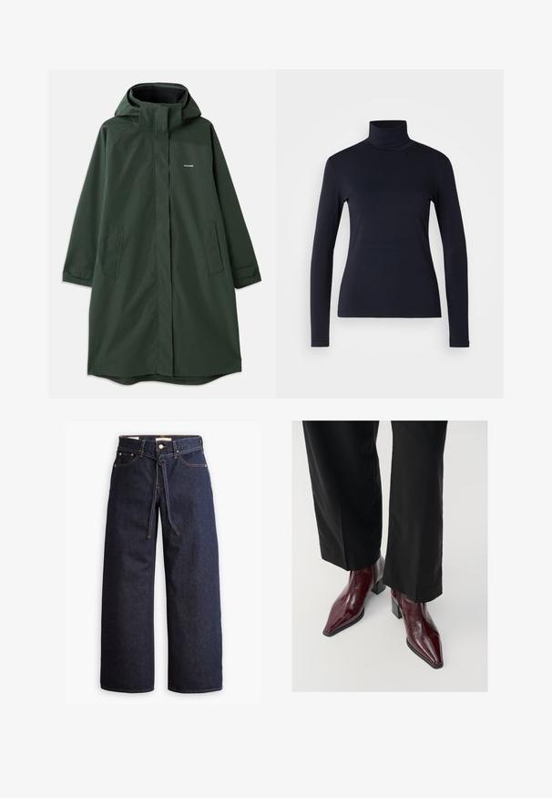 Tmavě zelený voděodolný kabát s kapucí, s předním zipem, bočními kapsami a volným střihem. Hladká textura, minimální značení.; Námořnický rolák s dlouhým rukávem. Vyrobeno z měkkého materiálu s hladkou texturou. Má přiléhavý střih a vysoký límec bez viditelných švů.; Široké tmavě modré džíny se zvýšeným pasem, opatřené stahovací šňůrou, pěti kapsami a kontrastním prošíváním.; Burgundské lakované kozačky po kotníky s špičatou špičkou, masivním podpatkem a texturovaným povrchem, kombinované s černými širokými kalhotami.