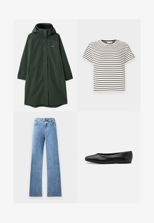 Abrigo impermeable verde oscuro con capucha, que cuenta con un cierre delantero, bolsillos laterales y un corte relajado. Textura suave, con un branding mínimo.; Camiseta de algodón de manga corta con cuello redondo, que presenta rayas verticales negras sobre un fondo blanco y un diseño de corte recto.; Jeans de mezclilla de color azul claro con un diseño de pierna ancha, cinco bolsillos, trabillas para cinturón y cierre de botón. La tela tiene una textura suave.; Paul Smith TOPANGA - Bailarinas - black