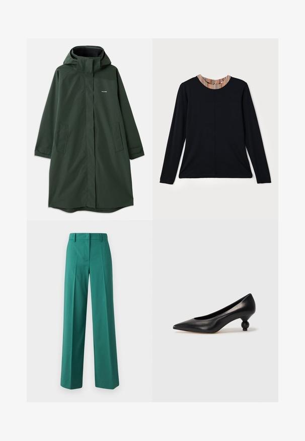 Mörkgrön vattentät jacka med huva, med dragkedja fram, sidofickor och en avslappnad passform. Slät textur, minimal varumärkesprofil.; Svart långärmad topp med rund halsringning som har en flerfärgad randig detalj vid kragen. Slät tyg med en avslappnad passform.; Gröna vida byxor i slätt tyg med skräddarsydd passform, med framfållar och en design med två fickor.; Svart läderhögklackad sko med spetsig tå och rund, bollformad klack. Slät yta med en elegant, minimalistisk design.