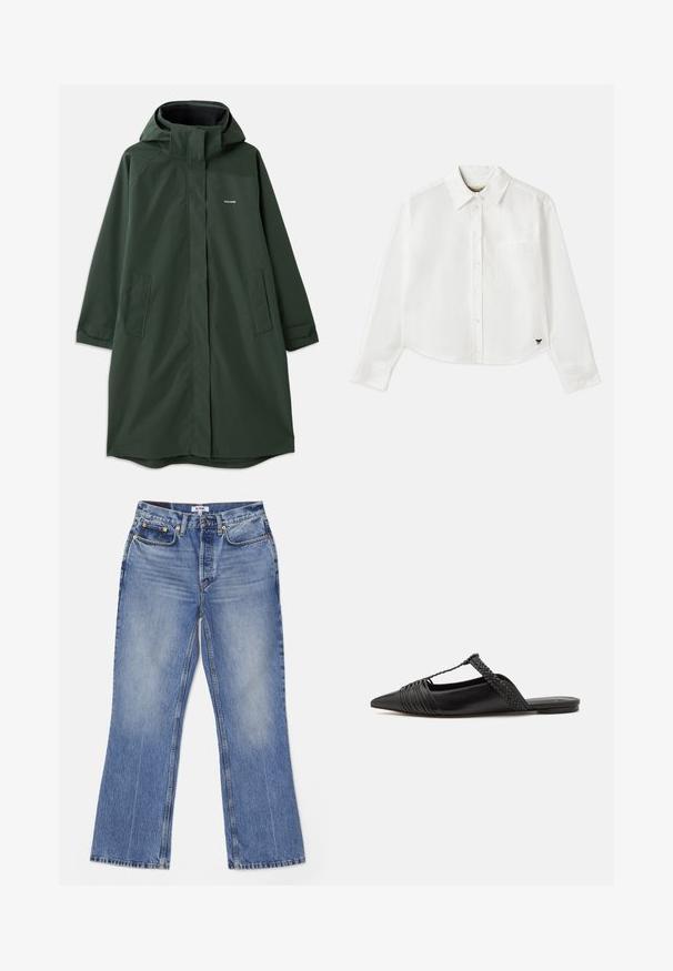 Tumši zaļš ūdensnecaurlaidīgs mētelis ar kapuci, ar priekšējo rāvējslēdzēju, sānu kabatām un brīvu piegriezumu. Gluda tekstūra, minimāla zīmola identifikācija.; Balta, īsa garuma piedurkņu krekls, kas izgatavots no kokvilnas. Tam ir pogājama priekšpuse, krūšu kabata un mazs melns logo apakšējā kreisajā stūrī.; RE/DONE LOOSE - Bootcut piegriezuma džinsi - hacienda; Melnas ādas slingback kurpes ar norādītu purngali, kurām ir austoša akcenta un krokota augšdaļa. Plakana zole ar minimālu aparatūru.