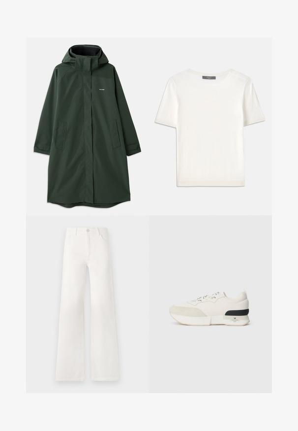 Tume roheline veekindel jope kapuutsiga, millel on ees lukuga sulgus, küljetaskud ja mugav lõige. Sile tekstuur, minimaalne brändimine.; Valge lühikeste varrukatega soonikutega viimistletud ringkaelusega kampsun, millel on sile tekstuur.; Valged, kõrge vöökohaga laiad teksad, mis on valmistatud denimist. Omab nupuga sulgemist, kahte esimest taskut ja külgede õmbluste detailseid õmblusi.; Valged tennisajad, millel on tekstureeritud sametist varbakatteosa, siledast võrgust pealmine osa, dekoratiivsed nöörid ja musta kummist kontsa aksent.