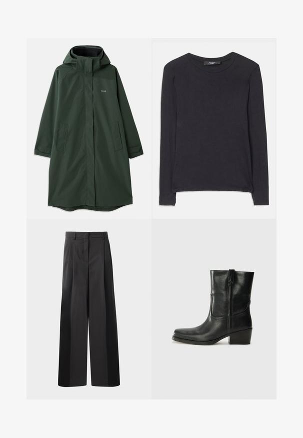 Manteau imperméable vert foncé avec capuche, doté d'une fermeture éclair à l'avant, de poches latérales et d'une coupe décontractée. Texture lisse, marque minimaliste.; Chemise noire à manches longues avec un col rond, fabriquée en tissu doux. Présente un design simple et des détails de couture discrets le long de l'ourlet.; Pantalon large noir avec une taille haute, doté de plis avant, d'une texture lisse et d'une finition ajustée. Conçu pour un ajustement décontracté.; Bottine en cuir noir avec un bout rond, un talon carré, une fermeture éclair sur le côté et des coutures décoratives sur l'empeigne. Texture lisse, design classique.