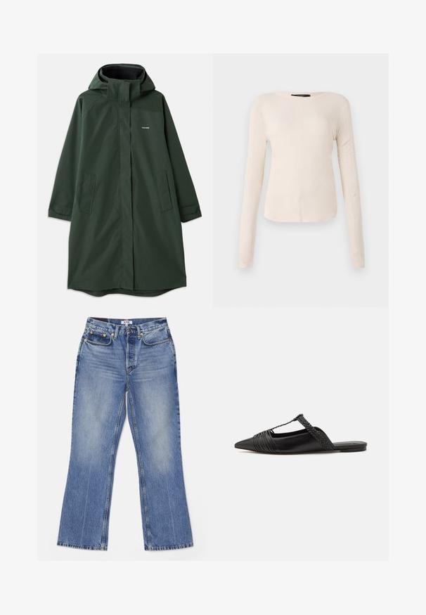 Tmavozelený nepremokavý kabát s kapucňou, s predným zipsom, bočnými vreckami a voľným strihom. Hladká textúra, minimálne značenie.; Dlhý rukáv, svetlo béžový top s okrúhlym výstrihom. Vyrobený z mäkkej látky, má stredový šev a mierne zakrivený spodný okraj. Bez viditeľného hardvéru.; RE/DONE LOOSE - Džínsy bootcut - hacienda; Čierne kožené sandále so špičatou špičkou, ktoré majú tkaný detail a zborený dizajn vrchnej časti. Plochá podrážka s minimálnym hardvérom.