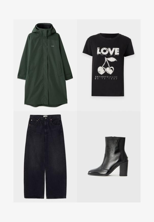 Sötétzöld vízálló kabát, kapucnival, elülső cipzárral, oldalsó zsebekkel és laza fazonnal. Sima textúra, minimális márkázás.; Fekete pamut póló, amelyen a "LOVE" szó fehér grafikával van nyomtatva, két cseresznyével és szívformával, valamint márkanevével és dátumával.; Széles lábú fekete farmernadrág réz gombokkal, két elülső zsebbel és sima textúrával. Tiszta tervezés, egyenes szabás.; Fekete bőr bokacipő sima textúrával, hegyes orral és vastag, magas sarkával. Oldalnyílással és minimalista dizájnnal rendelkezik.