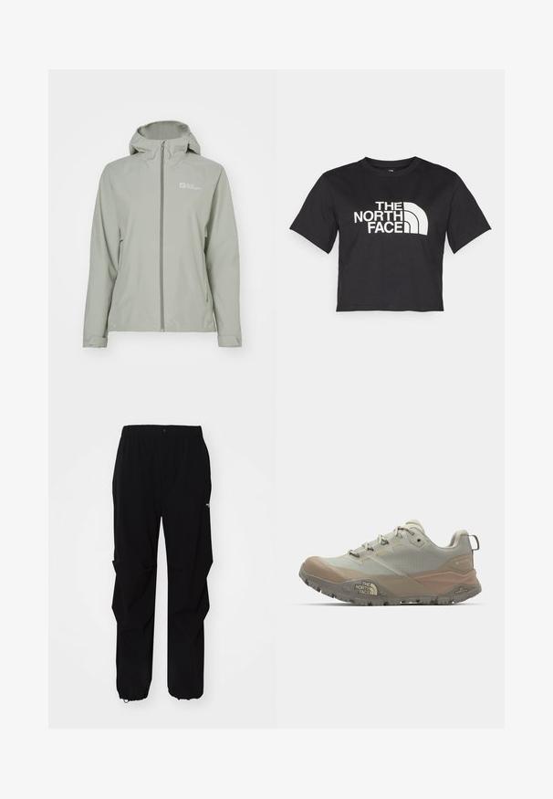 Hellgraue wasserdichte Jacke mit Kapuze, durchgehendem Reißverschluss und verstellbaren Manschetten. Mit einem Logo auf der oberen linken Seite. Glatte Textur.; Schwarzes, tailliertes T-Shirt aus Baumwolle mit einem weißen Logo mit geschwungenen Akzenten und dem Text "THE NORTH FACE" auf der Vorderseite. Kurze Ärmel, Rundhalsausschnitt.; Schwarze Outdoor-Hosen aus langlebigem Material, mit lockerer Passform, elastischem Bund und verstellbaren Bündchen für variable Längen.; Hellgraue Sportschuhe mit beigen Akzenten, aus synthetischem Material gefertigt. Sie haben eine robuste Sohle, ein Schnürdesign und eine Markenkennzeichnung an der Seite.