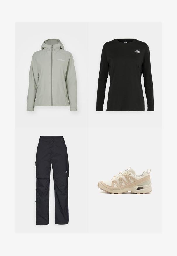 Light grey waterproof jacket with a hood, full front zipper, and adjustable cuffs. Features a logo on the upper left side. Smooth texture.; Black long-sleeve t-shirt made of cotton with a round neck. Features a small white logo on the left chest area. Simple design and fit.; Black nylon zip-off cargo trousers with adjustable cuffs, multiple pockets, and a logo on the right leg. Smooth, lightweight texture.; Beige and cream athletic shoe with textured mesh upper, supportive overlays, and rubber outsole featuring a tread pattern for traction.