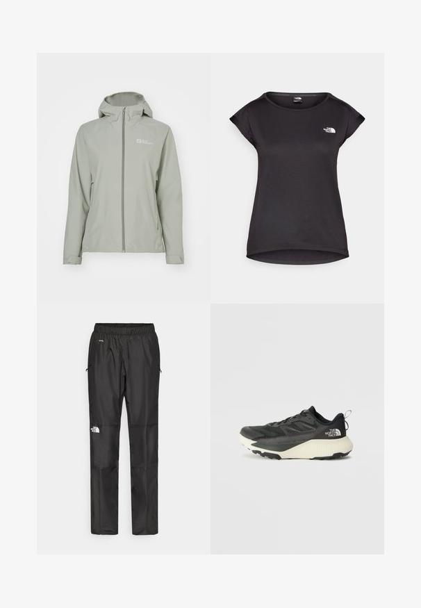 Hellgraue wasserdichte Jacke mit Kapuze, durchgehendem Reißverschluss und verstellbaren Manschetten. Mit einem Logo auf der oberen linken Seite. Glatte Textur.; The North Face TANKEN TANK - Sport T-Shirt - black; Schwarze wasserdichte Hose aus leichtem Material, mit elastischem Bund, Seitentaschen und einem Logo am linken Bein.; Schwarzer Sportschuh mit strukturiertem Obermaterial, ausgestattet mit grauen Akzenten und einer weißen Zwischensohle. Enthält eine Zuglasche und ein markantes Markenlogo an der Ferse.