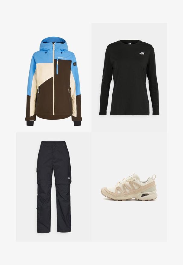 Ski jacket with a blue, beige, and brown color block design. Features a hood, front zip, and side zip pockets. Made from durable fabric.; Black long-sleeve t-shirt made of cotton with a round neck. Features a small white logo on the left chest area. Simple design and fit.; Black nylon zip-off cargo trousers with adjustable cuffs, multiple pockets, and a logo on the right leg. Smooth, lightweight texture.; Beige and cream athletic shoe with textured mesh upper, supportive overlays, and rubber outsole featuring a tread pattern for traction.