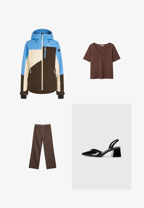 Skijack met een blauw, beige en bruin kleurblokontwerp. Voorzien van een capuchon, een frontale ritssluiting en zijzakken met rits. Gemaakt van duurzaam materiaal.; Bruine katoenen t-shirt met korte mouwen en een diepe V-hals. Eenvoudig ontwerp, zachte textuur en rechte zoom. Geen patronen of accenten.; Brede bruine spijkerbroek van denim, met een hoge taille, voorzakken en een klassieke knoopsluiting. Soepele textuur met subtiele stiksels.; Zwarte gepatineerde leren slingback hakken met een spitse neus en een geometrische blokhak. Kenmerkt zich door een slank, minimalistisch ontwerp en een gladde textuur.