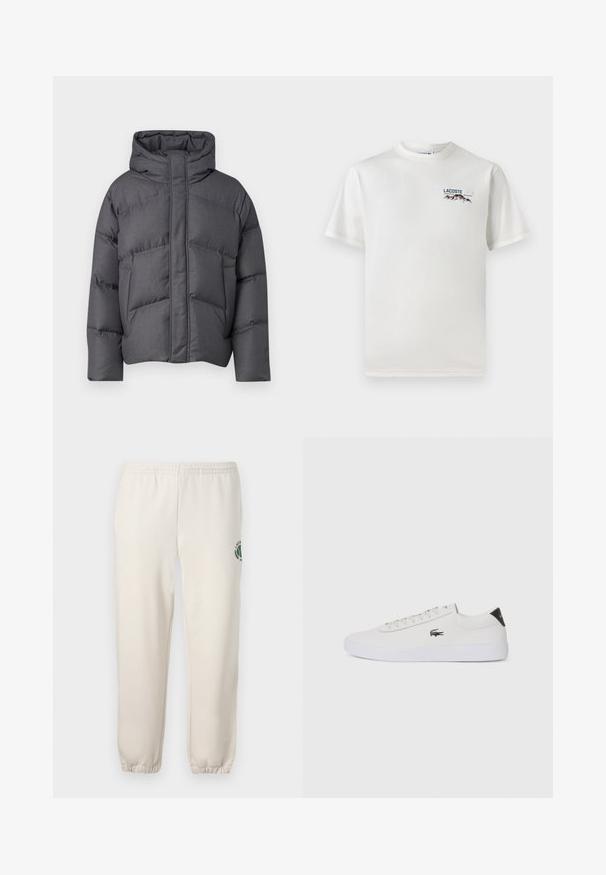 Puhasta jakna v temno sivi barvi, izdelana iz teksturirane tkanine. Ima kapuco, vertikalne šive in poenostavljeno silhueto.; Bela bombažna majica s krožnim ovratnikom, kratkimi rokavi in majhnim izvezenim logotipom, ki vsebuje gore in besedilo na levi prsni strani.; Svetlo bež trenirke iz bombaža, z elastičnim pasom, rebrastimi zaključki in zelenim logotipom z motivom lista na levi nogi.; Bela usnjena tenisa s okroglo sapo, vezavi na sprednji strani in črnim poudarkom na peti. Ima majhen izšit kroko logo na strani.