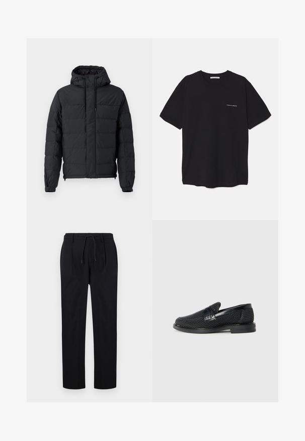 Veste noire matelassée avec capuche, poignets élastiques, poches zippées et un design matelassé avec une texture extérieure lisse.; T-shirt en coton noir avec un col rond, des manches courtes et un logo blanc imprimé sur la poitrine gauche. Design simple, couleur unie.; Pantalons noirs en tissu lisse, avec une taille à cordon, des jambes droites et des plis avant pour un look structuré.; Chaussure slip-on tissée noire avec un accent en cuir lisse sur le dessus, un design à bout rond et une semelle en caoutchouc à profil bas.