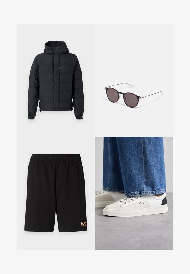Sort polstret jakke med hætte, elastiske ærmer, lynlåslommer og et quiltet design med en glat ydre overflade.; Sort bomulds T-shirt med rund halsudskæring, korte ærmer og "EMPORIO ARMANI" logo i hvid over "Milano" i et buet design.; Sorte atletiske shorts lavet af blødt stof, med en elastisk talje og et lille gult EA7-logo nederst på venstre ben.; Hvide og sorte sneakers med en glat læderoverdel, teksturerede detaljer og en kraftig hvid sål. Har et klassisk snørebåndsdesign.; Sorte runde solbriller med mørke linser og slanke metalarme. Inkluderer klare tempeltips og sølvdetaljer ved hængslet. Minimalistisk design.