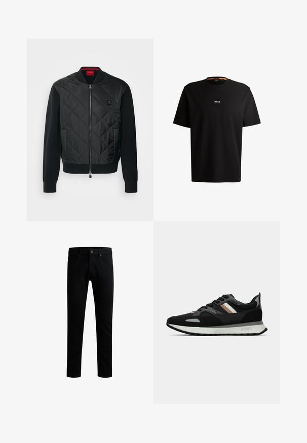 HUGO SYBOR - Bomberjacke - black; Schwarzes Baumwoll-T-Shirt mit rundem Ausschnitt, kurzen Ärmeln und weißem „BOSS“-Logo, das in der Mitte der Brust platziert ist. Sanfte Textur, lässige Passform.; Schwarze Denim-Jeans mit geradem Schnitt, Fünf-Taschen-Design, vorderem Knopfverschluss und dezenten Nähdetails am Bund.; Schwarzer Laufschuh mit strukturiertem Obermaterial, hellgrauen Akzenten und drei horizontalen Streifen in Braun. Verfügt über eine weiße, gepolsterte Sohle.