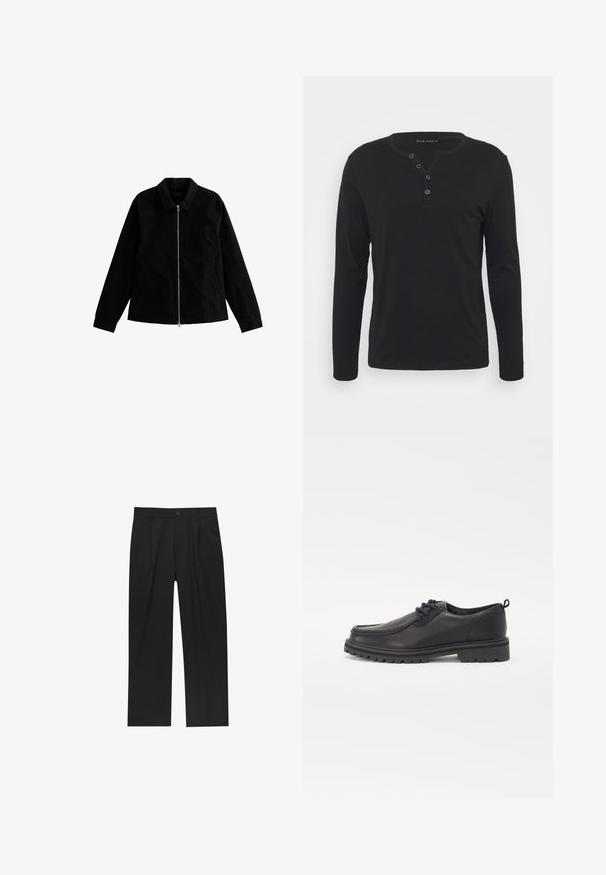 Veste noire avec fermeture éclair, col, manches longues, poche poitrine unique et ourlet droit. Fabriquée dans un tissu durable.; T-shirt henley noir à manches longues en tissu doux, avec une patte de boutonnage, un col rond et des manches ajustées.; Pantalons noirs au design droit, fabriqués à partir d'un tissu lisse. Dotés de plis sur le devant et d'une fermeture à un bouton à la taille.; Chaussures en cuir noir avec un bout arrondi, une couture texturée, un design profil bas et une semelle en caoutchouc dotée de profondes rainures pour l'adhérence.