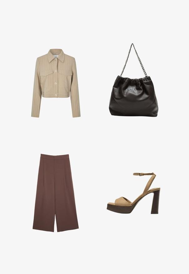 Zkrácená béžová bunda s vertikálními pruhy, dvěma náprsními kapsami, špičatým límcem a stříbrnými knoflíkovými zapínáními na přední straně.; Hnědé tričko s krátkým rukávem vyrobené z měkké látky, s kulatým výstřihem a volným střihem. Bez viditelných vzorů nebo dekorací.; Hnědé široké kalhoty s hladkou texturou, vysokým pasem a předními záhyby. Materiál je lehký a volně splývá.; Bežové semišové sandály na vysokém podpatku s širokým předním páskem a páskem kolem kotníku, s masivním dřevěným blokovým podpatkem s texturovaným povrchem.; Hnědá kožená taška se sbíraným vrškem a řetízkovým popruhem. Hladký povrch s lesklým finišem a jemným švem na bocích.
